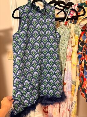 Prosperina' Navy Floral-Patterned Sleeveless Dress with Feather Trim nwt